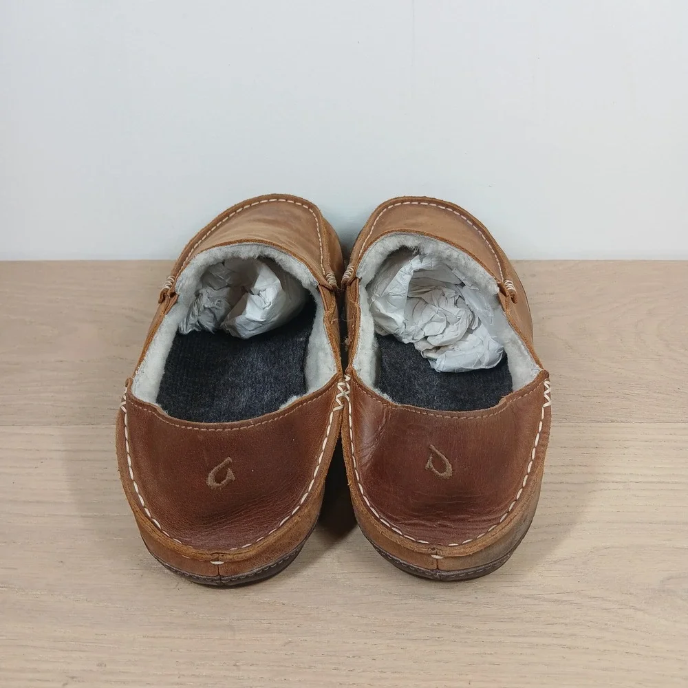 Olukai Moloa Slippers Men 12 Brown Leather Shearling Lined Moc Toe Comfort